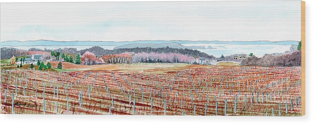 Mission Peninsula Wood Print featuring the painting Vineyards of Mission Peninsula by LeAnne Sowa
