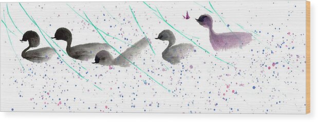 A Group Of Cheery Ducklings Floating Happily In A Pond. The Watercolor On Rice Paper Painting Is Done By Mui-joo Wee With Simple Brush Strokes. Wood Print featuring the painting A Cheery Day II by Mui-Joo Wee