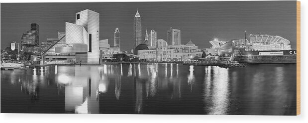 Cleveland Skyline Wood Print featuring the photograph Cleveland Skyline at Dusk Black and White Rock Roll Hall Fame by Jon Holiday