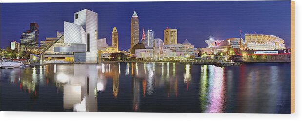 Cleveland Skyline Wood Print featuring the photograph Cleveland Skyline at Dusk Rock Roll Hall Fame by Jon Holiday