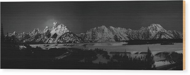 Full Moon Wood Print featuring the photograph Full Moon Sets in the Tetons Panorama by Raymond Salani III