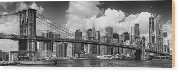 New York Wood Print featuring the photograph MANHATTAN SKYLINE and BROOKLYN BRIDGE Panorama Monochrome by Melanie Viola