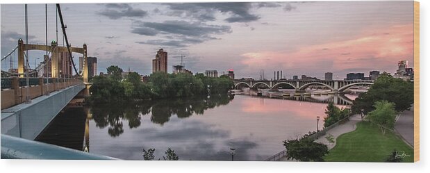 Night Photography Wood Print featuring the photograph Minneapolis Bridges Panoramic Print Signed by Karen Kelm