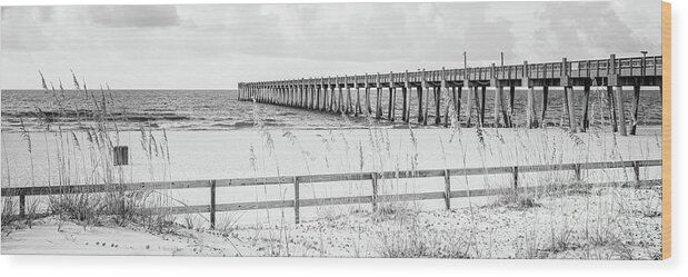 America Wood Print featuring the photograph Pensacola Beach Gulf Pier Black and White Panorama Photo by Paul Velgos