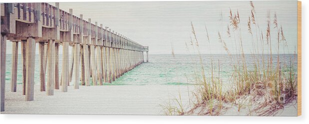America Wood Print featuring the photograph Pensacola Gulf Pier and Beach Grass Panorama Photo by Paul Velgos