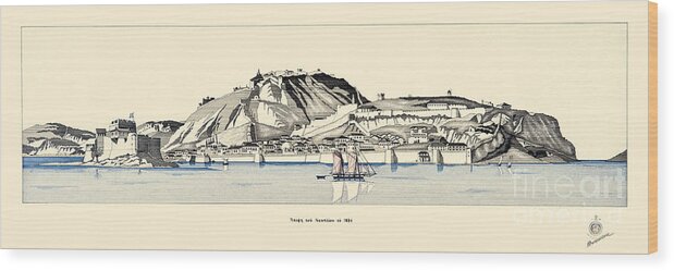 Vintage Wood Print featuring the drawing The seaport town of Nafplio in 1834 #1 by Panagiotis Mastrantonis