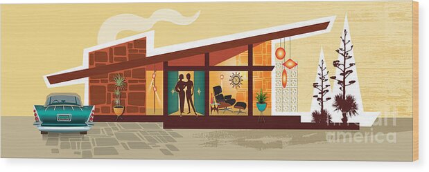 Mid Century Wood Print featuring the digital art Angle Roof Mid Century Modern House Female Couple Panorama by Diane Dempsey