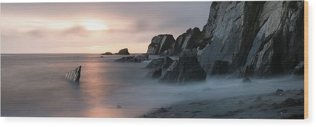 Devon Wood Print featuring the photograph Ayrmer-cove-south-hams-devon-coast-beach-sunset-panorma by Sonny Ryse