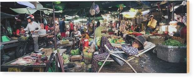 Panoramic Wood Print featuring the photograph Cambodia street market siem reap by Sonny Ryse