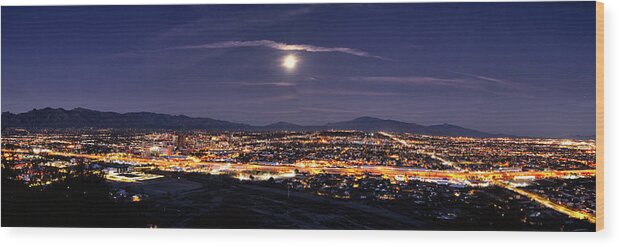 Tucson Wood Print featuring the photograph City lights of Tucson, Arizona skyline and moon panorama by Chance Kafka