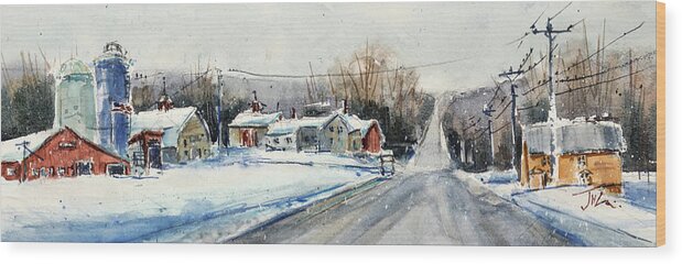 Landscape Wood Print featuring the painting Cody Farm in Winter by Judith Levins