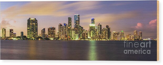 2022 Wood Print featuring the photograph Downtown Miami Skyline at Night Panorama Photo by Paul Velgos