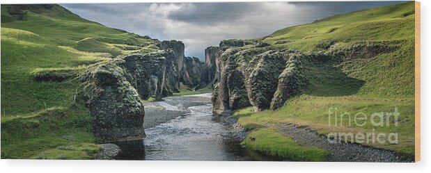 Iceland Wood Print featuring the photograph Fjadrargljufur canyon panorama, Iceland by Delphimages Photo Creations