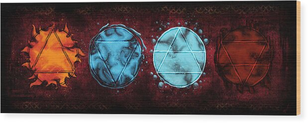 Four Elements Wood Print featuring the painting Four elements symbols painting, Alchemy by Nadia CHEVREL