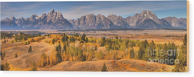 Teton Wood Print featuring the photograph Grand Teton Autumn Overlook Panorama by Adam Jewell