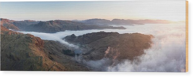 Panorama Wood Print featuring the photograph Langdale and Blea Tarn Aerial Cloud Inversion Lake District by Sonny Ryse