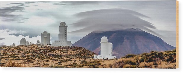 Lenticular Wood Print featuring the photograph Lenticular clouds over Mt Teide with Observatory - Tenerife, Spain - 2009 Panoramic 2/10 by Robert Khoi