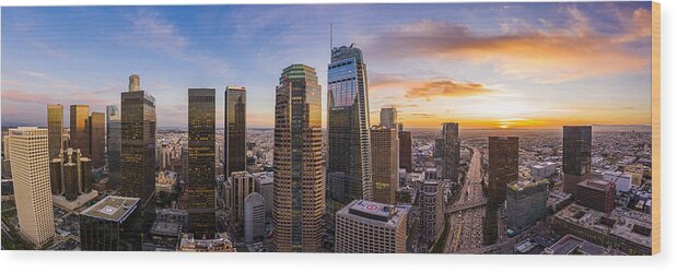 Scenics Wood Print featuring the photograph Los Angeles, California panorama at night from above by Adamkaz