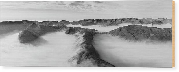 Panorama Wood Print featuring the photograph Martindale Ullswater Cloud Inversion Aerial Lake district black and white by Sonny Ryse