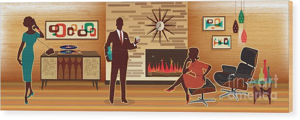 Mid Century Wood Print featuring the digital art Mid Century Modern House Living Room Scene by Diane Dempsey