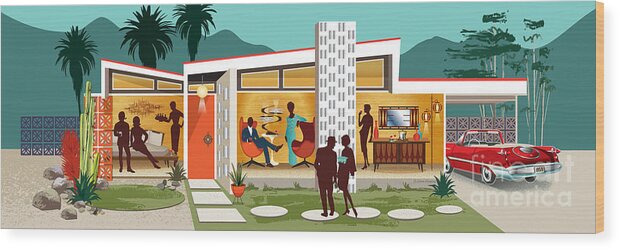 Mid Century Wood Print featuring the digital art Palm Springs Party House Panorama by Diane Dempsey