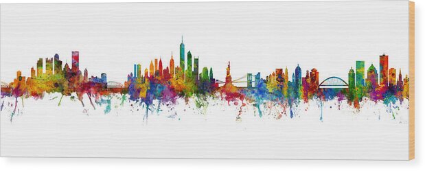 Rochester Wood Print featuring the digital art Pittsburgh, New York and Rochester NY Skylines Mashup by Michael Tompsett