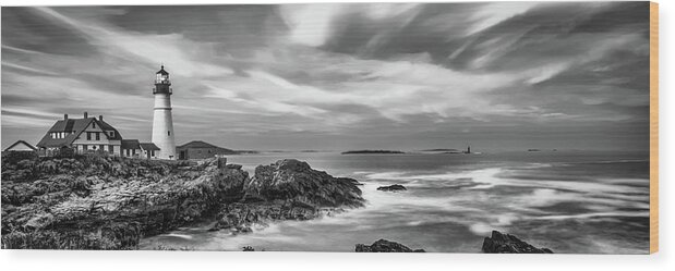 Maine Coast Wood Print featuring the photograph Portland Head Light at Dusk - Black and White Panorama by Gregory Ballos