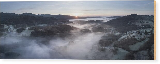 Panorama Wood Print featuring the photograph River Brathay and Skelwith Bridge misty aerial lake district dawn by Sonny Ryse