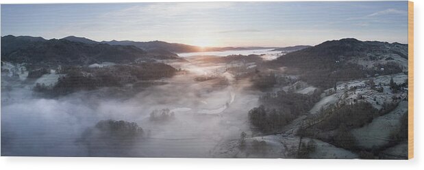 Panorama Wood Print featuring the photograph River Brathay and Skelwith Bridge misty aerial lake district sunrise by Sonny Ryse