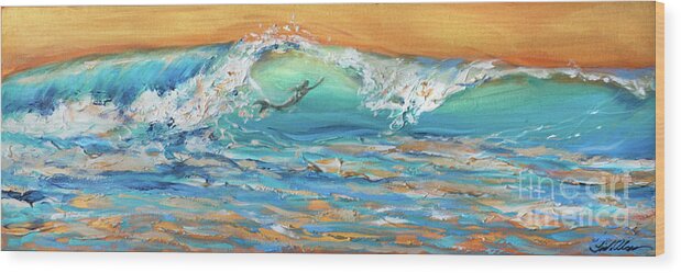 Ocean Wood Print featuring the painting Siren Surfing by Linda Olsen