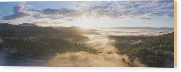 Panorama Wood Print featuring the photograph Skelwith Bridge and Loughrigg Aerial. Sunrise Lake District England 2 by Sonny Ryse