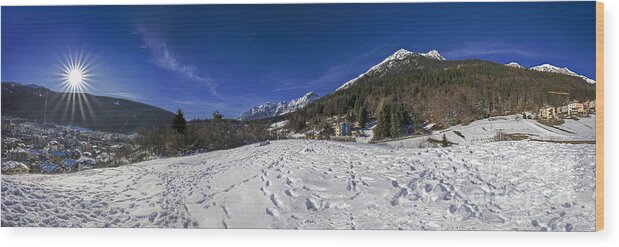 Panorama Wood Print featuring the photograph Snowy panorama in the mountains by The P
