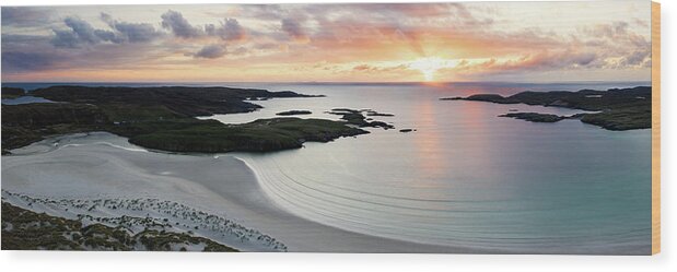 Panorama Wood Print featuring the photograph Uig Bay sunset Aerial Isle of Lewis Outer Hebrides by Sonny Ryse