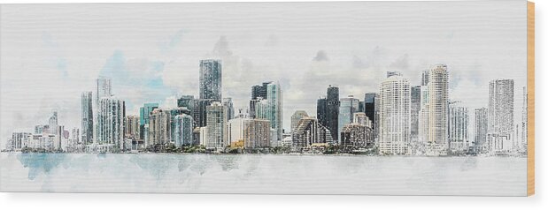 Watercolor Wood Print featuring the digital art Watercolor painting illustration of Miami Downtown skyline in daytime with Biscayne Bay by Maria Kray