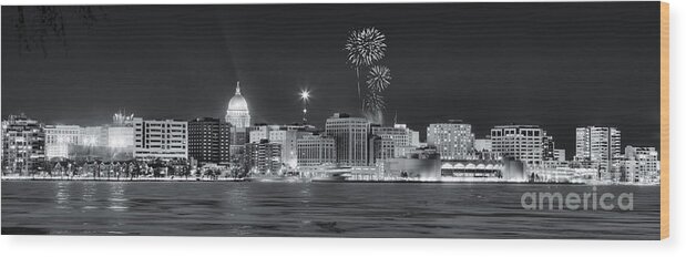 Capitol Wood Print featuring the photograph Madison - Wisconsin - New Years Eve Panorama Black and White by Steven Ralser
