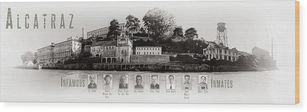 Alcatraz Wood Print featuring the photograph Panorama Alcatraz Infamous Inmates Black and White by Scott Campbell