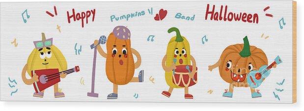 Music Wood Print featuring the drawing Pumpkins Band by Min Fen Zhu