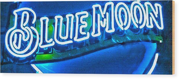 Blue Neon Lighting Wood Print featuring the digital art Blue Moon In An Aussie Pub by Pamela Smale Williams