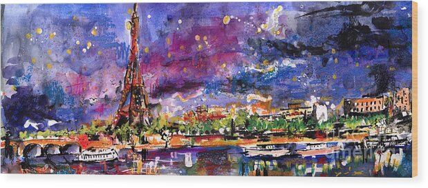 Paris Wood Print featuring the painting A Night Out In Paris Panorama by Ginette Callaway