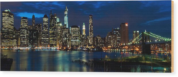 Amazing Brooklyn Bridge Wood Print featuring the photograph Blue Reflections in New York's East River by Mitchell R Grosky