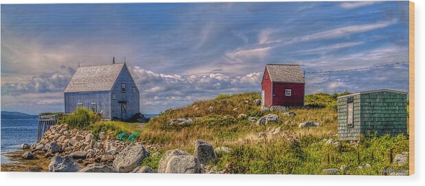 Peggys Cove Wood Print featuring the photograph Three Shacks by the Sea by Ken Morris