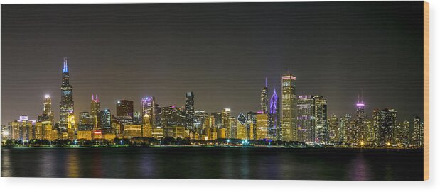 Chicago Wood Print featuring the photograph Chicago Night Panorama by Lev Kaytsner