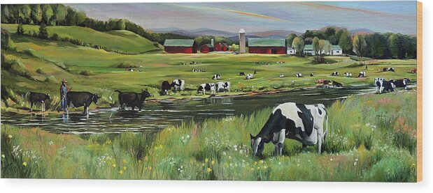 Landscape Wood Print featuring the painting Dairy Farm Dream by Nancy Griswold