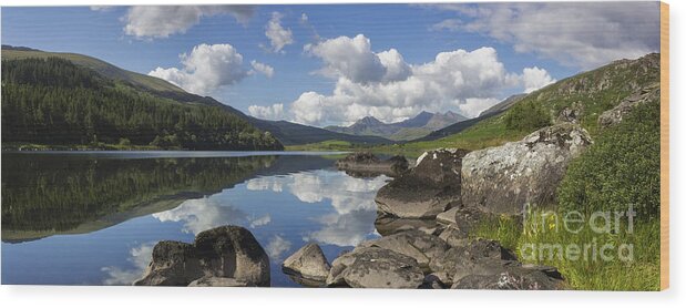 Llynnau Mymbyr Wood Print featuring the photograph Llyn Mymbyr and Snowdon Panorama by Ian Mitchell