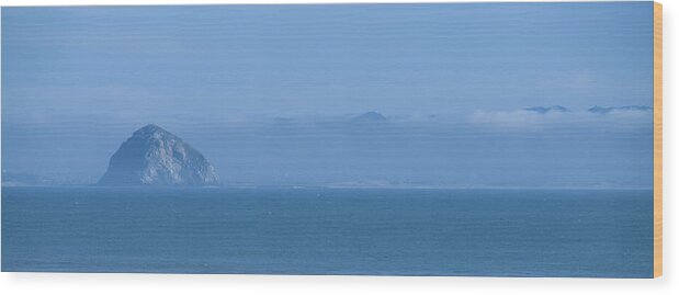 Ocean Wood Print featuring the photograph Morro Rock in Fog Panorama Morro Bay California by David Smith