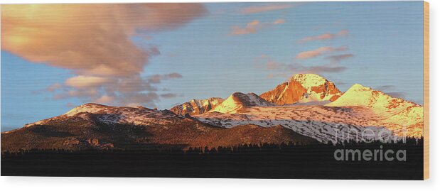 Longs Peak Wood Print featuring the photograph Panorama View of Longs Peak at sunrise by Ronda Kimbrow