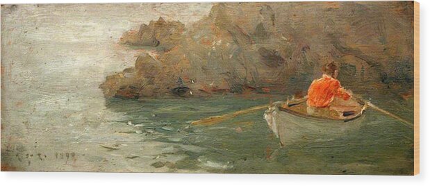 Henry Scott Tuke Wood Print featuring the painting Boy Rowing Out From a Rocky Shore by Henry Scott Tuke