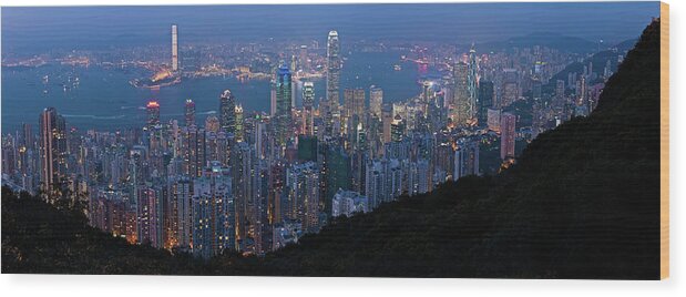 New Territories Wood Print featuring the photograph Hong Kong Skyscrapers Glittering Lights by Fotovoyager