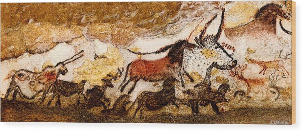 Lascaux Wood Print featuring the digital art Lascaux Hall of the Bulls - Running from the Hunters by Weston Westmoreland