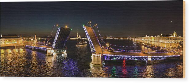 Night Wood Print featuring the photograph Aerial view of Palace bridge in St. Petersburg by Mikhail Kokhanchikov